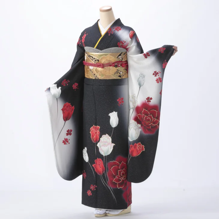 振袖 購入 フルセット Mサイズ 成人式 着物 【黒系】【中古】【状態:A】【f0520056】