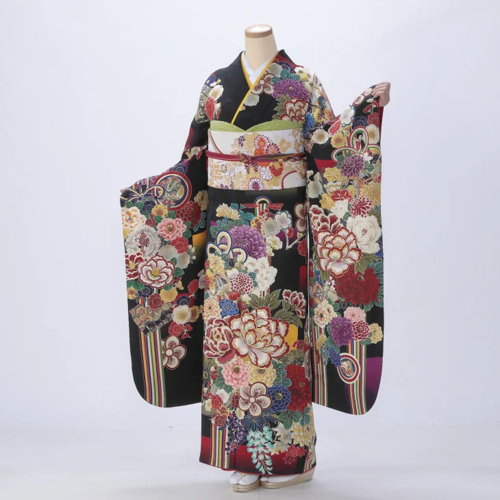 【袴プレゼント対象】振袖 購入 フルセット Mサイズ 成人式 着物 【黒系】【中古】【状態:A】【f1020032】