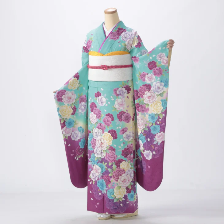 振袖 購入 フルセット Lサイズ 成人式 着物 【グリーン系】【中古】【状態:A】【f0314095】