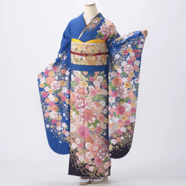 振袖 購入 フルセット Lサイズ 成人式 着物 【青・紺系】【中古】【状態:A】【f0519023】