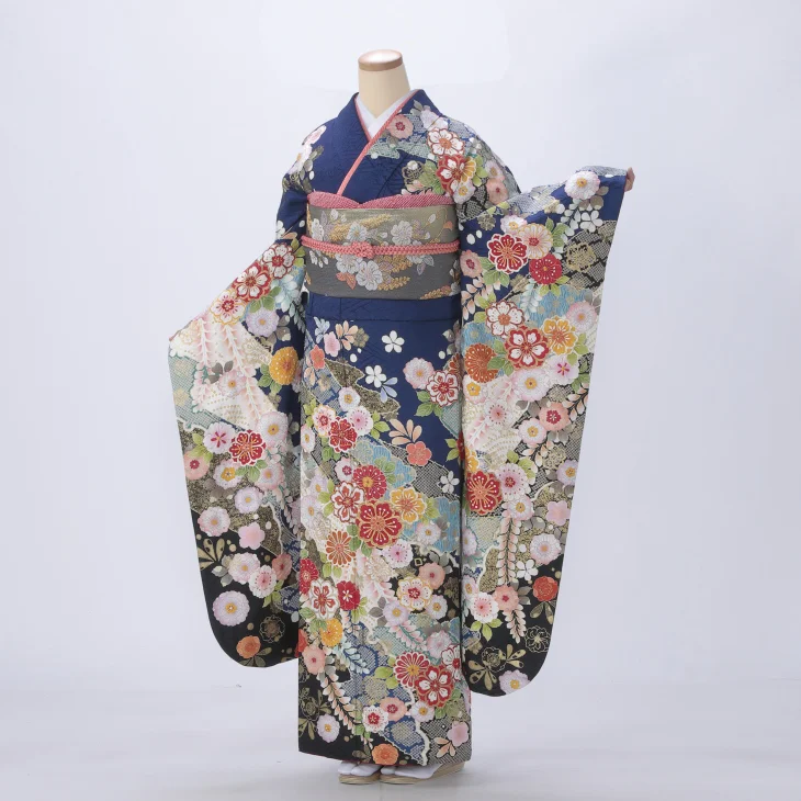 振袖 購入 フルセット Lサイズ 成人式 着物 【青・紺系】【中古】【状態:A】【f0522099】