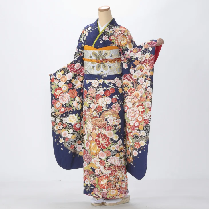振袖 購入 フルセット Lサイズ 成人式 着物 【青・紺系】【中古】【状態:A】【f0721003】