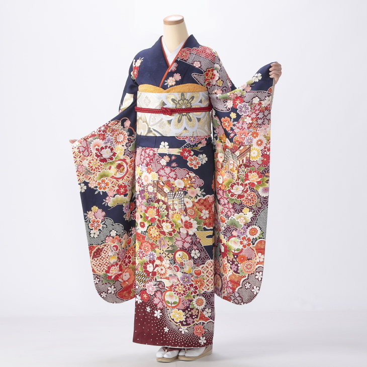 振袖 購入 フルセット Mサイズ 成人式 着物 【青・紺系】【中古】【状態:S】【f0722203】