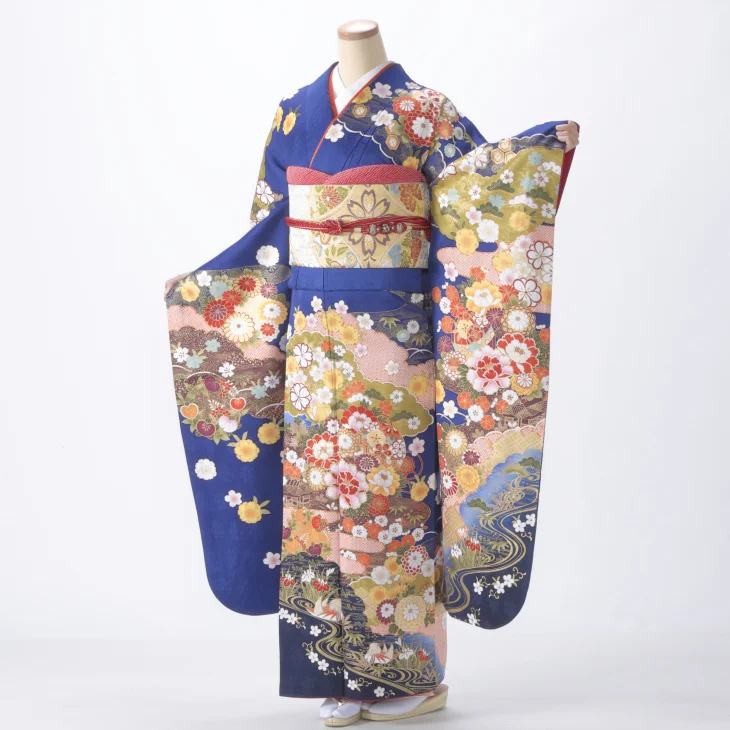 振袖 購入 フルセット Lサイズ ほぼ新品 成人式 着物【青・紺系】【中古】【状態:S】【f8024009】