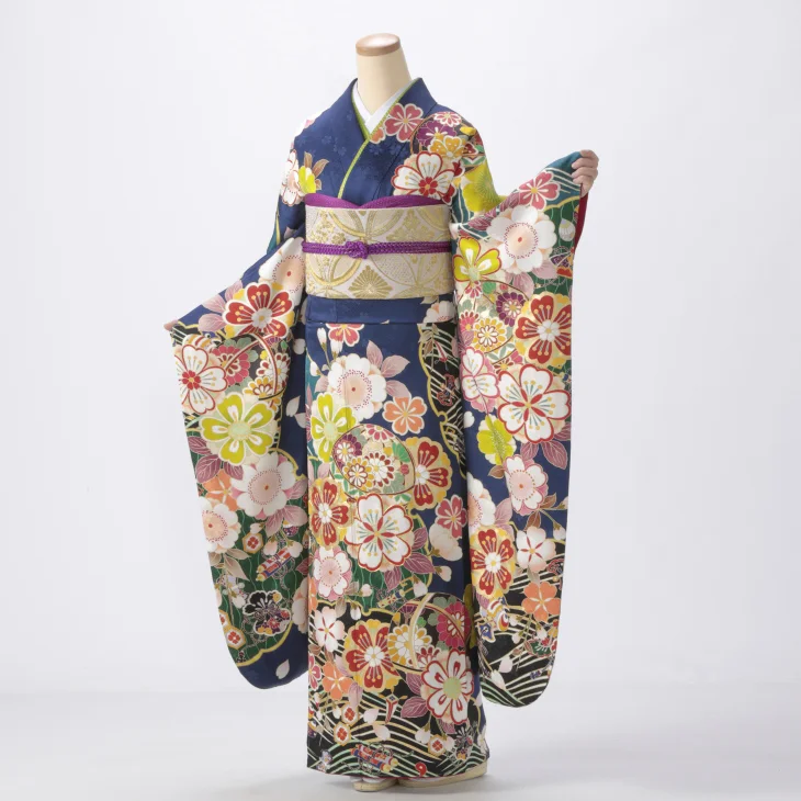 振袖 購入 フルセット LLサイズ ほぼ新品 成人式 着物 【青・紺系】【中古】【状態:S】【f8024097】