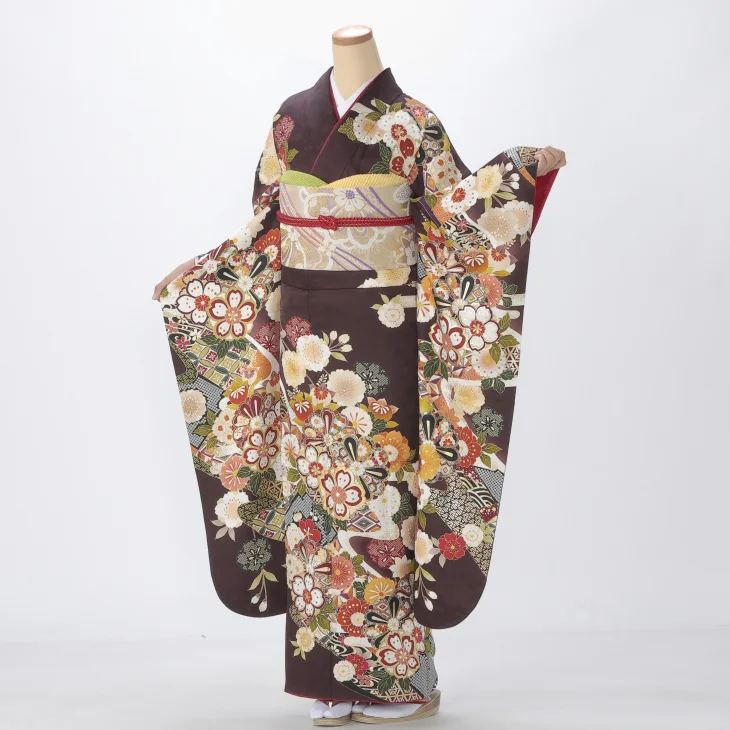 【成人式】振袖 レンタル フルセット Lサイズ 着物 【茶系】【f0724123r2】