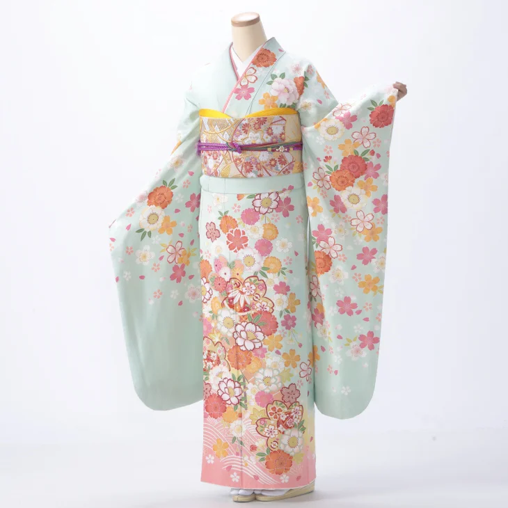 振袖 購入 フルセット Mサイズ 成人式 着物 【グリーン系】【中古】【状態:A】【f0520016】