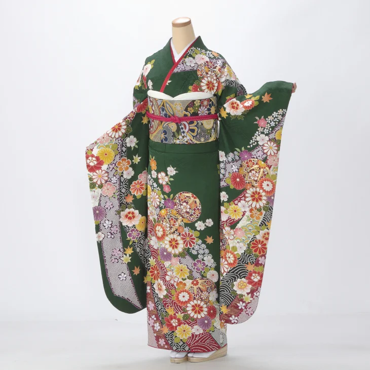 振袖 購入 フルセット Lサイズ 成人式 着物 【グリーン系】【中古】【状態:A】【f0521422】