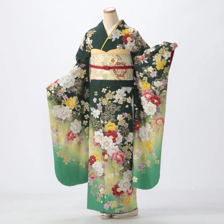振袖 購入 フルセット Lサイズ 成人式 着物 【グリーン系】【中古】【状態:S】【f0523317】