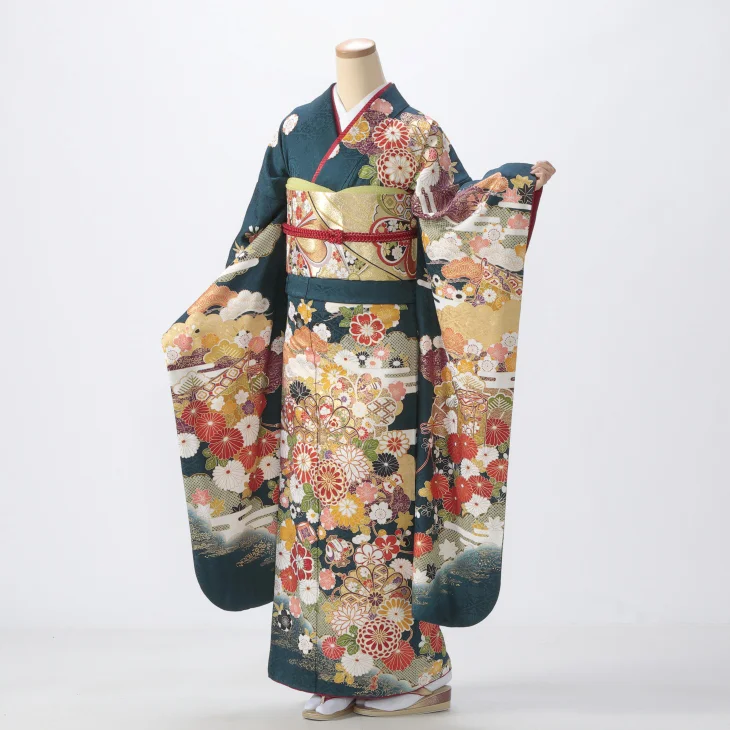 振袖 購入 フルセット Mサイズ 成人式 着物 【グリーン系】【中古】【状態:S】【f0523371】