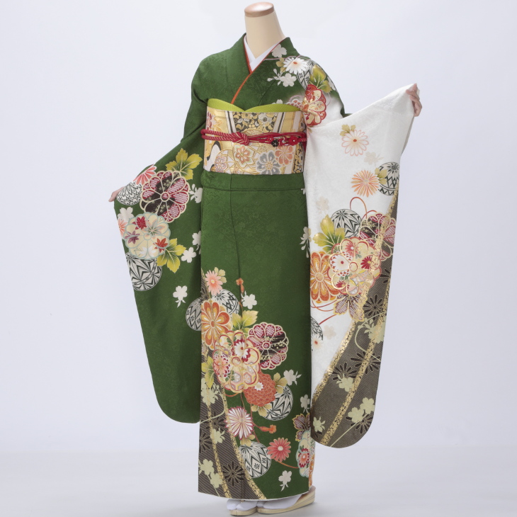 振袖 購入 フルセット Lサイズ 成人式 着物 【グリーン系】【中古】【状態:A】【f0620055】
