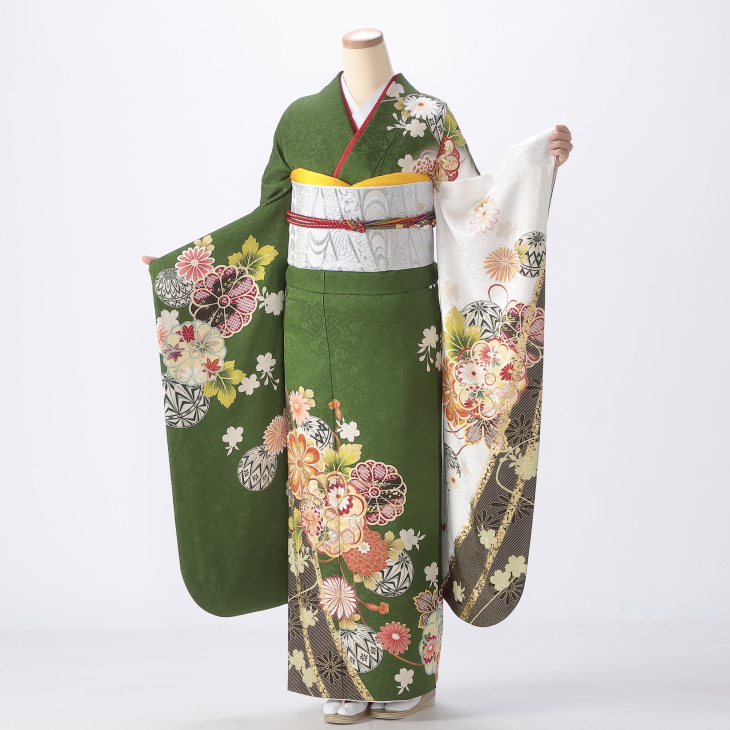 振袖 購入 フルセット Lサイズ 成人式 着物 【グリーン系】【中古】【状態:A】【f0721109】