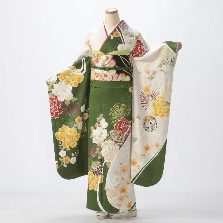 振袖 購入 フルセット Mサイズ 成人式 着物 【グリーン系】【中古】【状態:S】【f0725442】