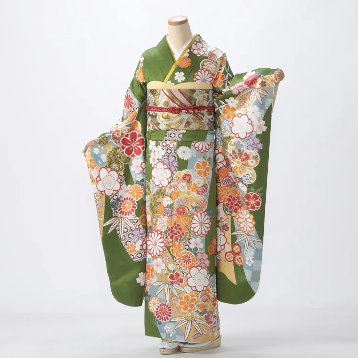 振袖 購入 フルセット Lサイズ 成人式 着物 【グリーン系】【中古】【状態:A】【f0820025】