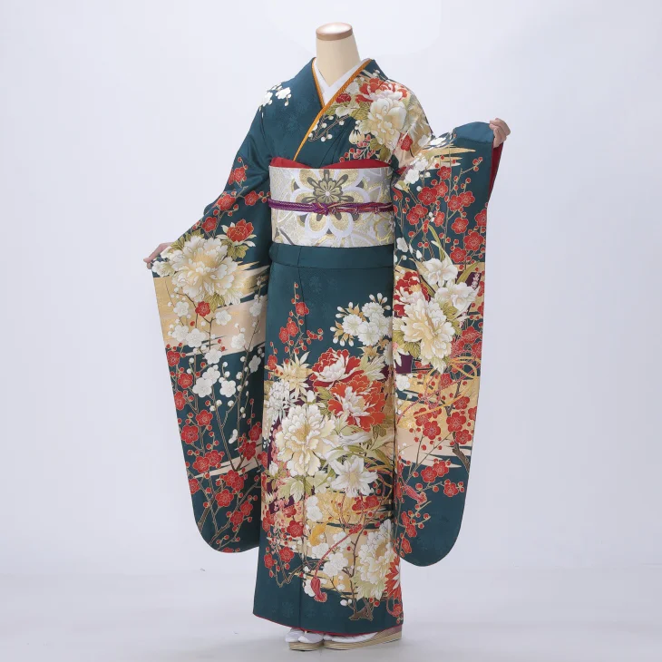 振袖 購入 フルセット Lサイズ 成人式 着物 【グリーン系】【中古】【状態:A】【f0921142】