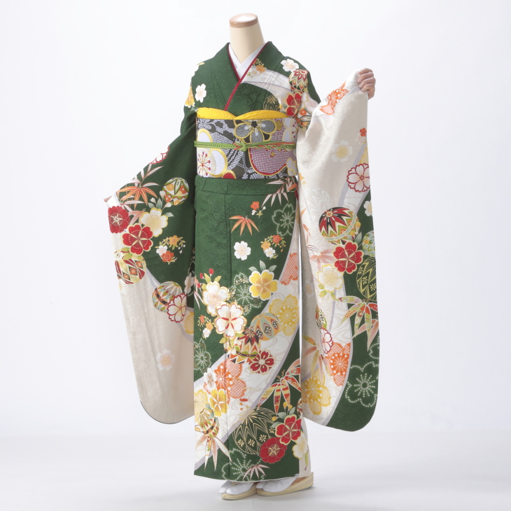 【袴プレゼント対象】振袖 購入 フルセット Lサイズ ほぼ新品 成人式 着物 【グリーン系】【中古】【状態:S】【f8024012】