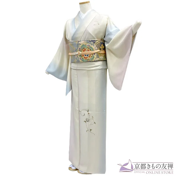 【レンタル】訪問着 フルセット 刺繍 京友禅 高級訪問着 Mサイズ シルク正絹100％ モダン クリーム ブルー ぼかし 結婚式 お宮参り 披露宴 七五三 入学式 入園式 卒業式 卒園式 お茶会 パーティー 舞台 発表会 母親 ママ ゲスト お呼ばれ (5泊6日)【a2211302】