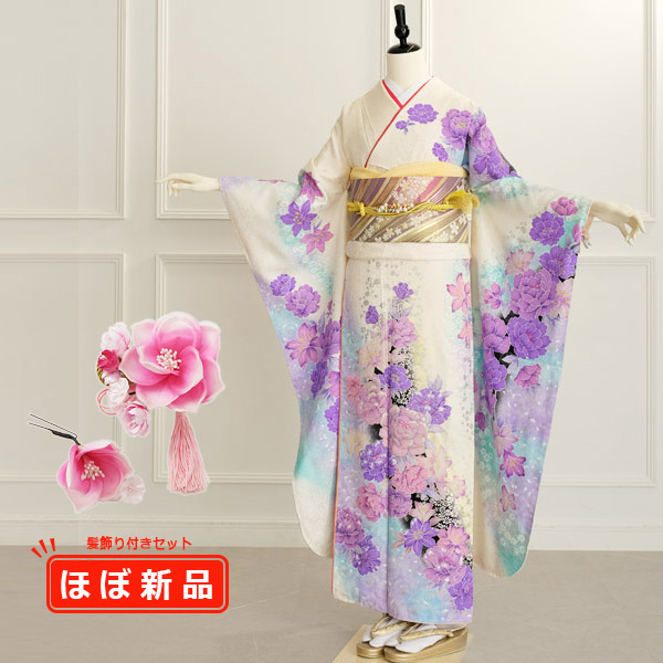 【髪飾りプレゼント】振袖 販売 フルセット Lサイズ ほぼ新品 【白・グレー系】【中古】【状態:S】【f8022003】