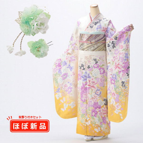 【髪飾りプレゼント】振袖 販売 フルセット Lサイズ ほぼ新品 【白・グレー系】【中古】【状態:S】【f8022011】
