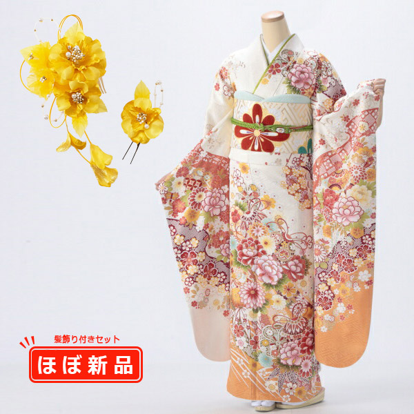 【髪飾りプレゼント】振袖 販売 フルセット Lサイズ ほぼ新品 【白・グレー系】【中古】【状態:S】【f8022249】