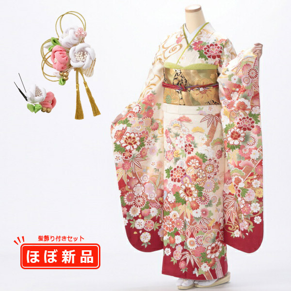 【10/2まで半額】【髪飾りプレゼント】≪モデル着用デザイン≫振袖 販売 フルセット Lサイズ ほぼ新品 【白・グレー系】【中古】【状態:S】【f8022273】