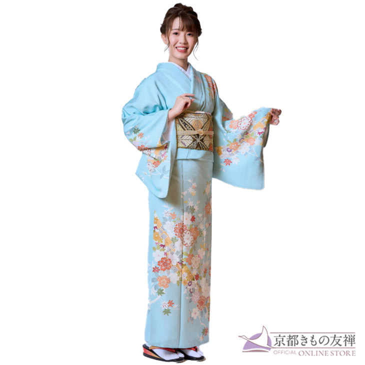 20%OFFクーポン対象 【レンタル】(5泊6日) 訪問着 フルセット 京友禅 ブランド 高級訪問着 シルク 正絹100％ 水色 花柄 結婚式 お宮参り 披露宴 七五三 入学式 入園式 お茶会 パーティー 舞台 発表会 母親 ママ ゲスト お呼ばれ Mサイズ Lサイズ【a2211201】