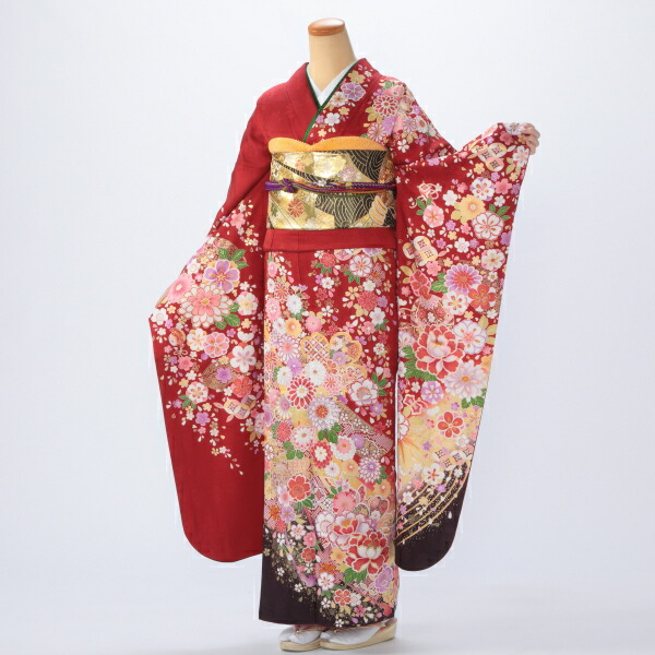 振袖 購入 フルセット Lサイズ 成人式 着物 【赤・ワイン系】【中古】【状態:A】【f0519154】