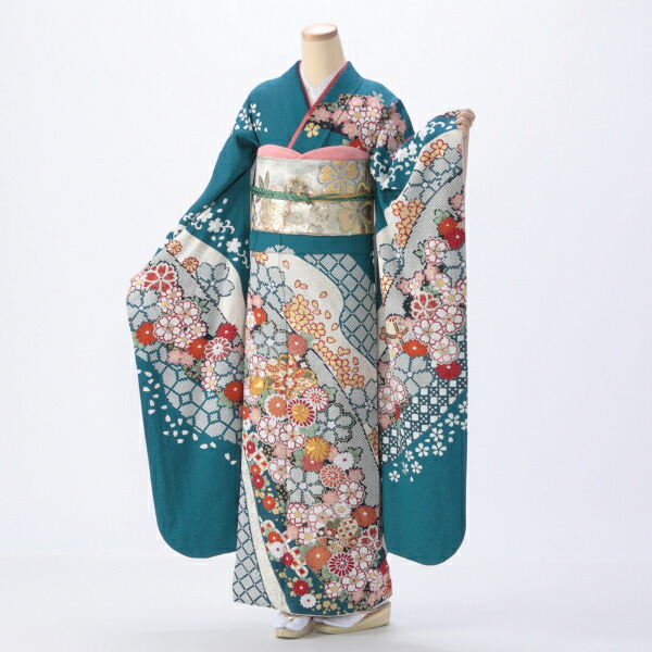 【成人式】振袖 レンタル フルセット Lサイズ ほぼ新品 【グリーン系】【状態:S】【f8022016r2】