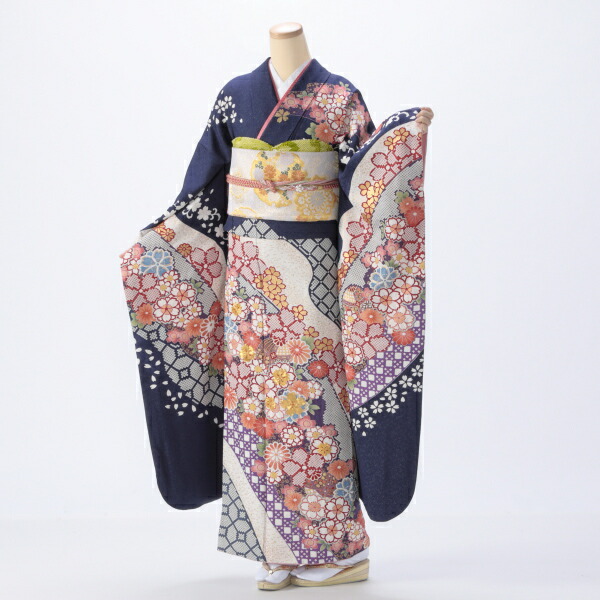 【成人式】振袖 レンタル フルセット Lサイズ ほぼ新品 【青・紺系】【状態:S】【f8022034r2】