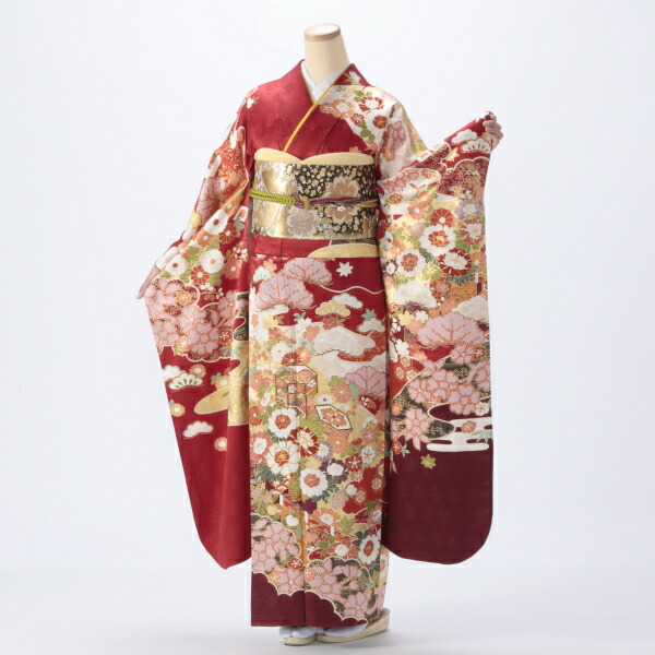 【10/2まで半額】振袖 販売 フルセット Lサイズ ほぼ新品 【赤・ワイン系】【中古】【状態:S】【f8022036】