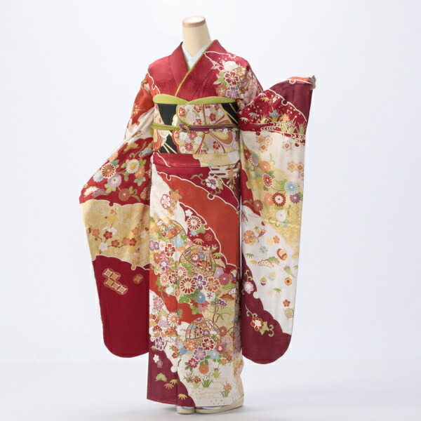 【袴プレゼント対象】振袖 購入 フルセット Lサイズ ほぼ新品 成人式 着物 【赤・ワイン系】【中古】【状態:S】【f8022044】