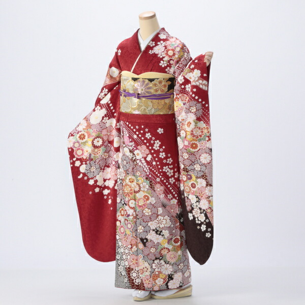 【成人式】振袖 レンタル フルセット Lサイズ ほぼ新品 【赤・ワイン系】【状態:S】【f8022310r2】
