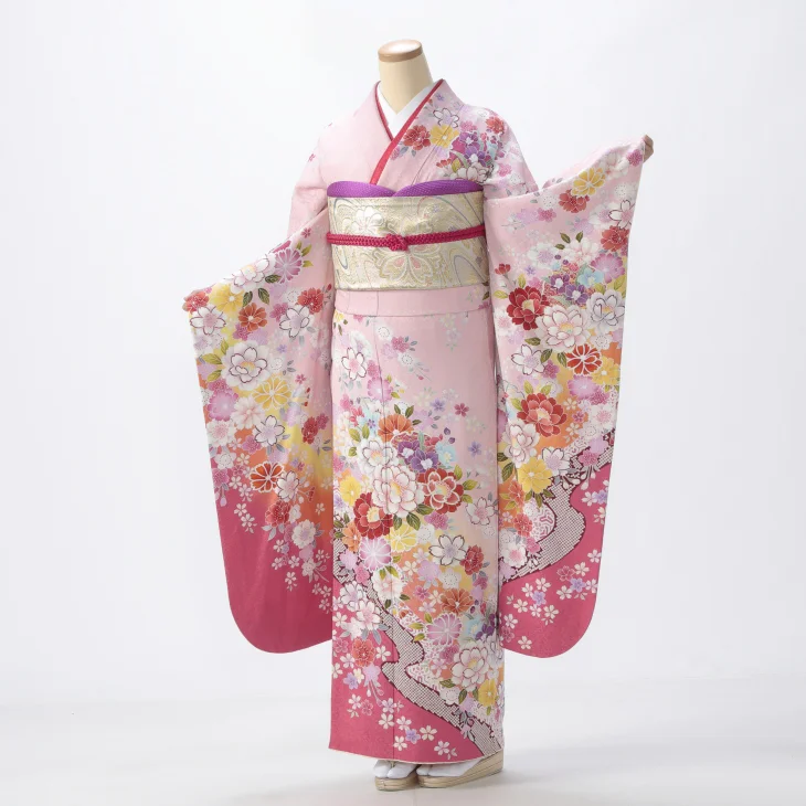 【成人式】振袖 レンタル フルセット Mサイズ 着物 【ピンク・オレンジ系】【f0420018r2】