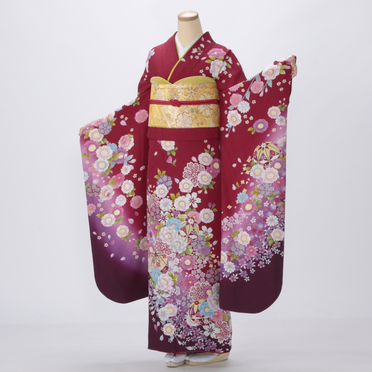 振袖 購入 フルセット Lサイズ 成人式 着物 【赤・ワイン系】【中古】【状態:A】【f0114124】