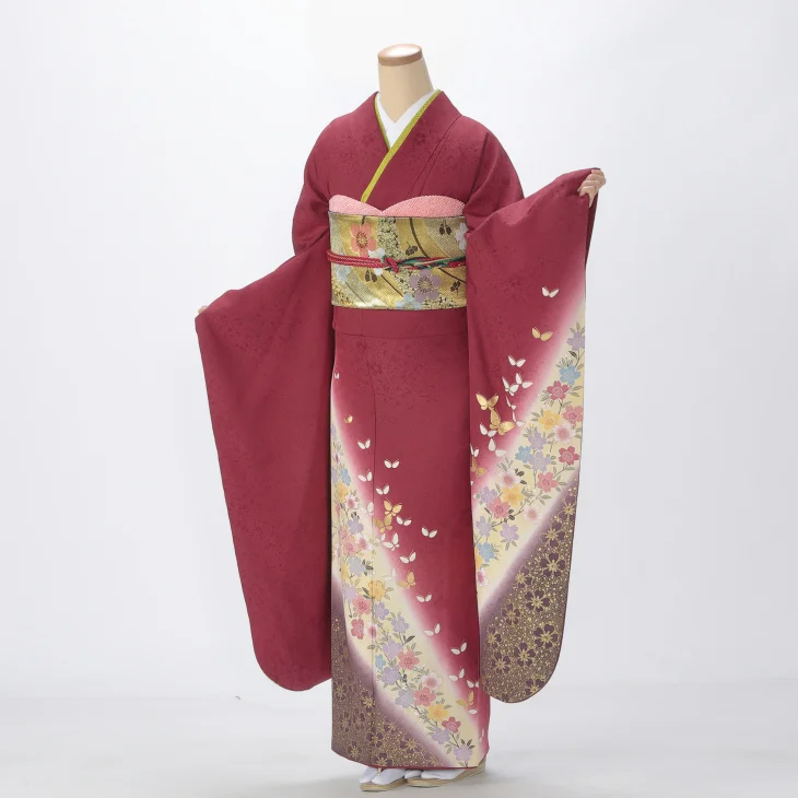 振袖 購入 フルセット Lサイズ 成人式 着物 【赤・ワイン系】【中古】【状態:A】【f0204153】