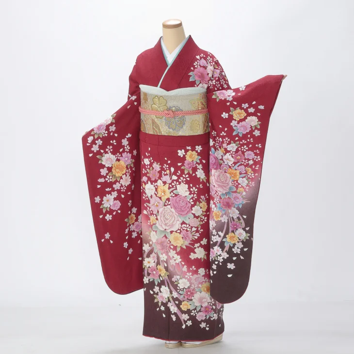 振袖 購入 フルセット Lサイズ 成人式 着物 【赤・ワイン系】【中古】【状態:A】【f0212305】