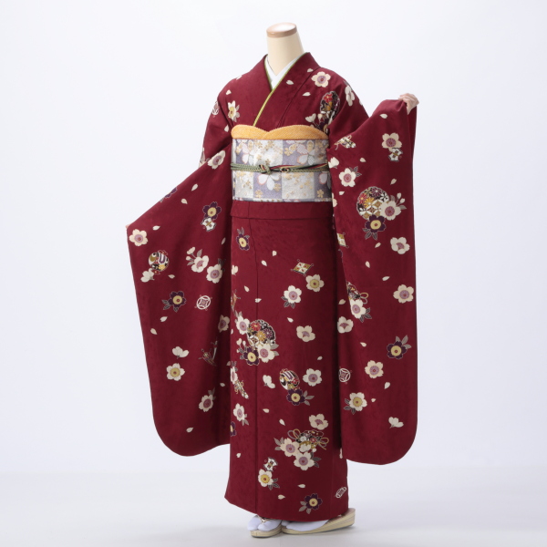 【成人式期間外】振袖 レンタル フルセット Lサイズ 着物 【赤・ワイン系】【状態:A】【f0419157r】