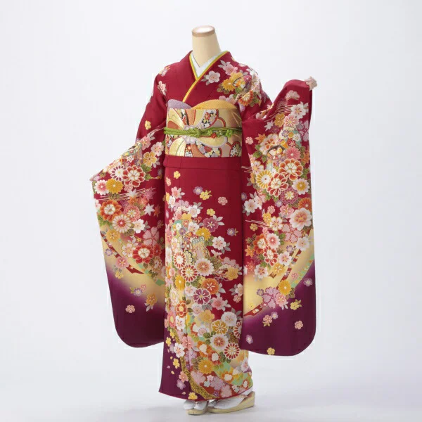 振袖 購入 フルセット Mサイズ 成人式 着物 【赤・ワイン系】【中古】【状態:A】【f0420142】
