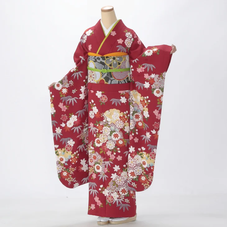 振袖 購入 フルセット Lサイズ 成人式 着物 【赤・ワイン系】【中古】【状態:A】【f0510080】