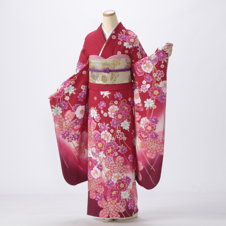 振袖 購入 フルセット Mサイズ 成人式 着物 【赤・ワイン系】【中古】【状態:A】【f0511112】