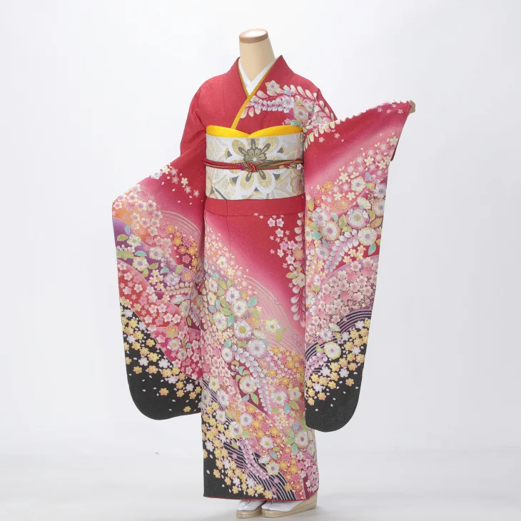 振袖 購入 フルセット Mサイズ 成人式 着物 【赤・ワイン系】【中古】【状態:A】【f0512144】