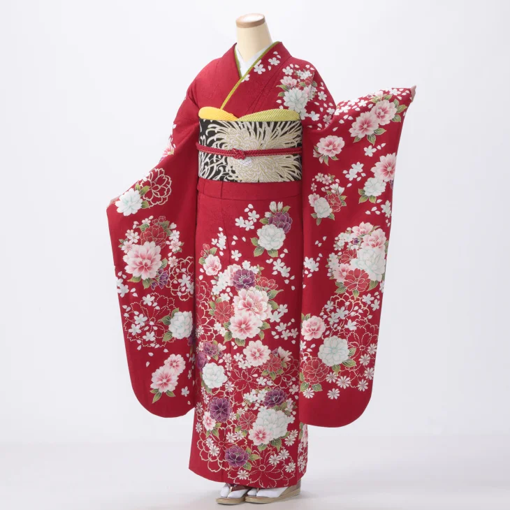 振袖 購入 フルセット Mサイズ 成人式 着物 【赤・ワイン系】【中古】【状態:A】【f0515490】