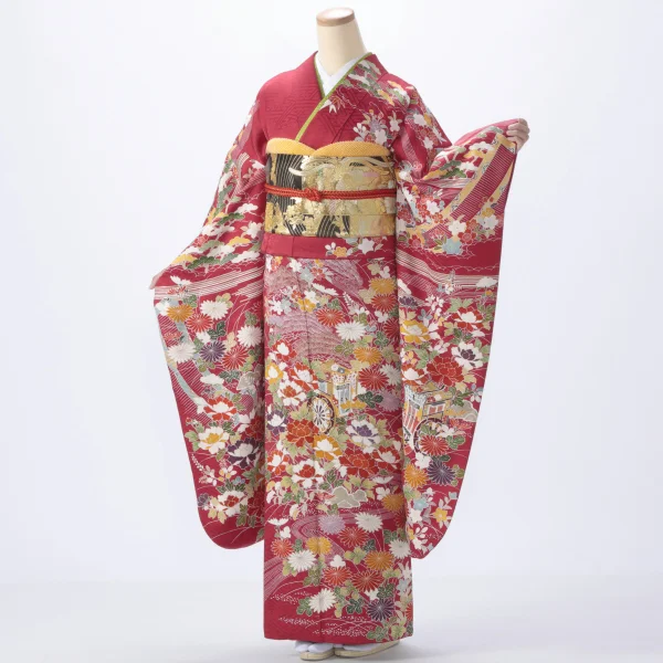 振袖 購入 フルセット Mサイズ 成人式 着物 【赤・ワイン系】【中古】【状態:A】【f0516038】