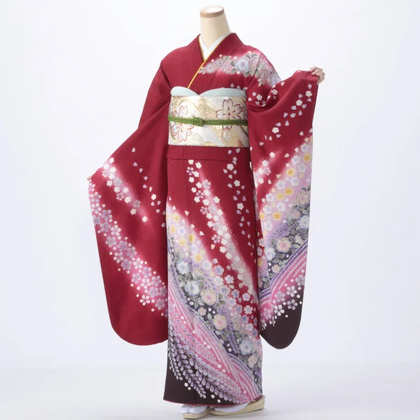 振袖 購入 フルセット Mサイズ 成人式 着物 【赤・ワイン系】【中古】【状態:A】【f0518043】