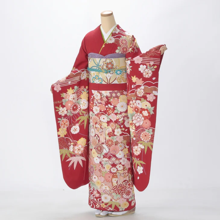 振袖 購入 フルセット Lサイズ 成人式 着物 【赤・ワイン系】【中古】【状態:A】【f0518045】