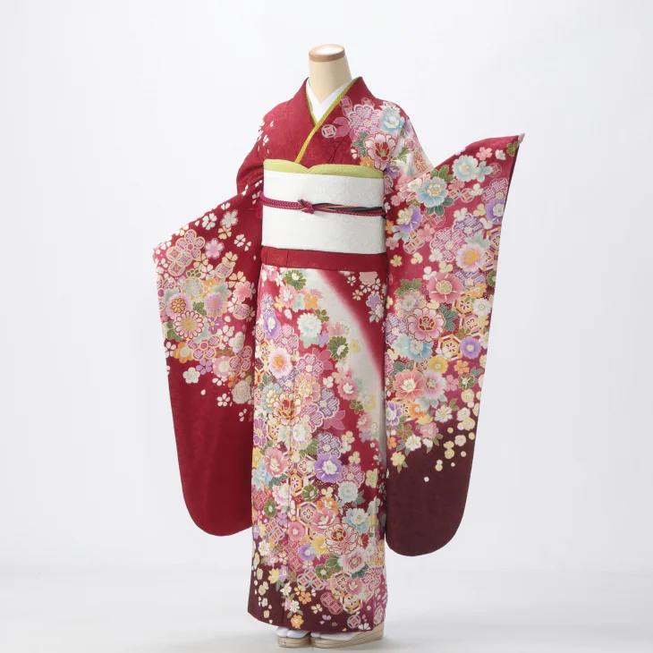 振袖 購入 フルセット Mサイズ 成人式 着物 【赤・ワイン系】【中古】【状態:S】【f0525541】