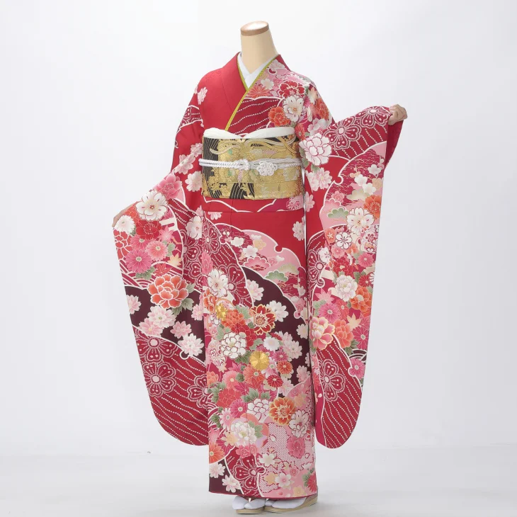 【成人式】振袖 レンタル フルセット Lサイズ 着物 【赤・ワイン系】【f0616035r2】
