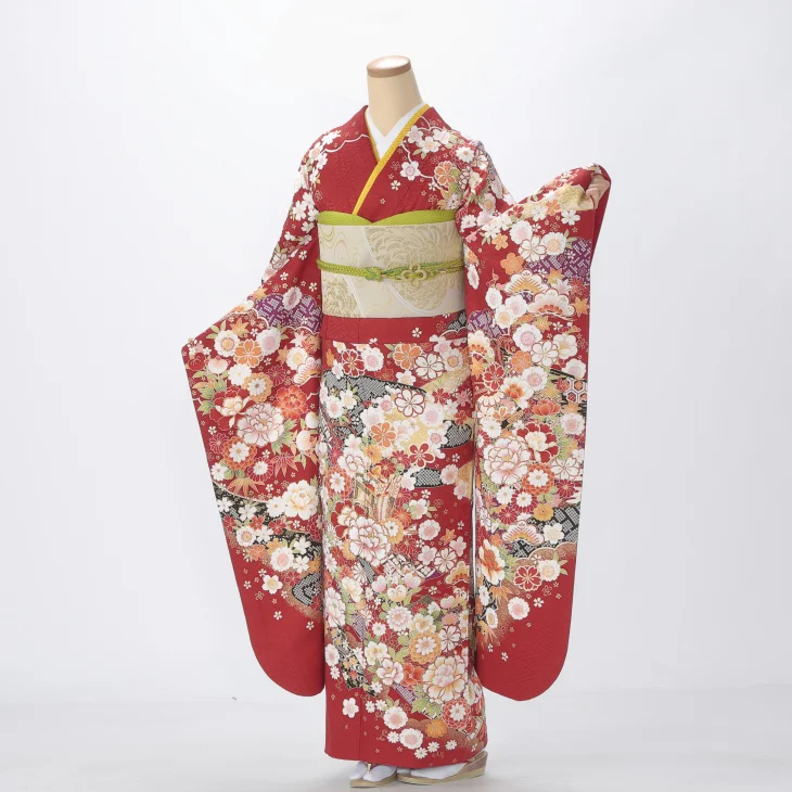 【袴プレゼント対象】振袖 購入 フルセット Lサイズ 成人式 着物 【赤・ワイン系】【中古】【状態:A】【f0716058】