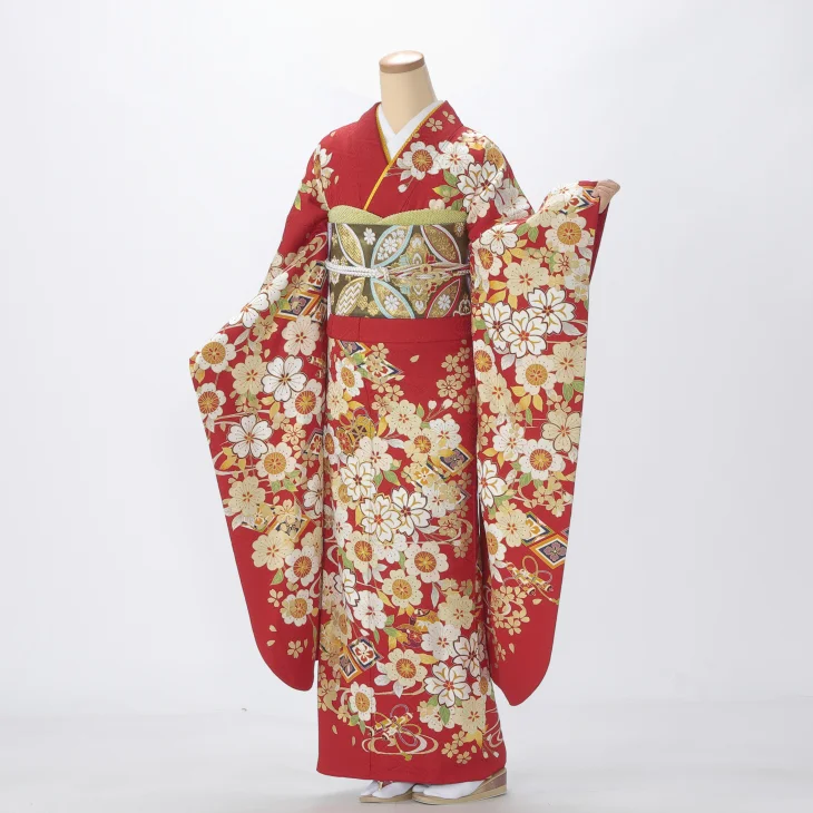 振袖 購入 フルセット Mサイズ 成人式 着物 【赤・ワイン系】【中古】【状態:A】【f0718137】