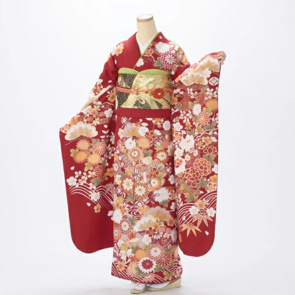 振袖 購入 フルセット Lサイズ 成人式 着物 【赤・ワイン系】【中古】【状態:A】【f0720027】